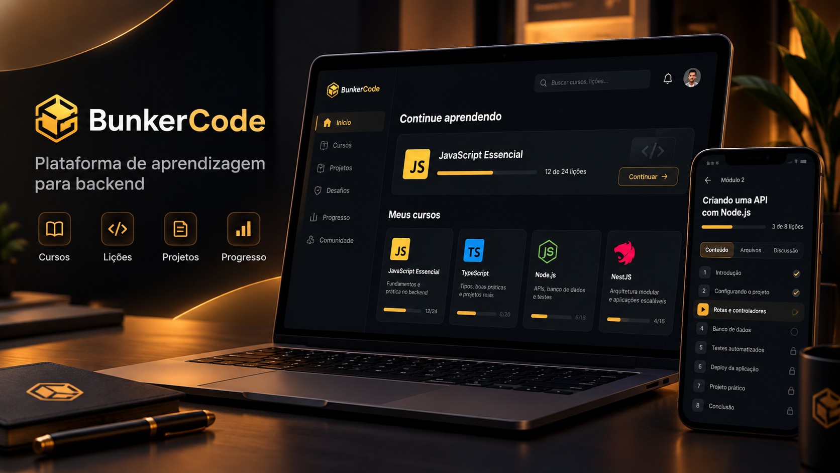 Arte promocional ilustrativa do BunkerCode com notebook e smartphone